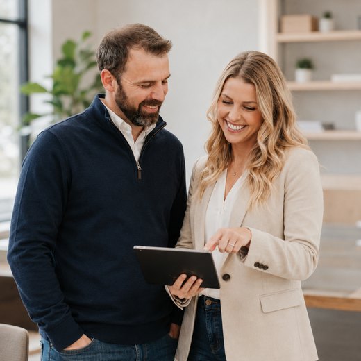 Hilary and Shane Nicholson, co-founders of Nicholson AI, reviewing an AI plan together