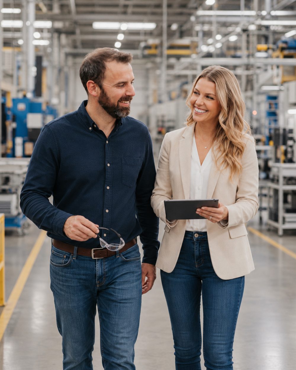 Illustration of an AI automation consultant reviewing workflows on a Springfield, Missouri manufacturing floor